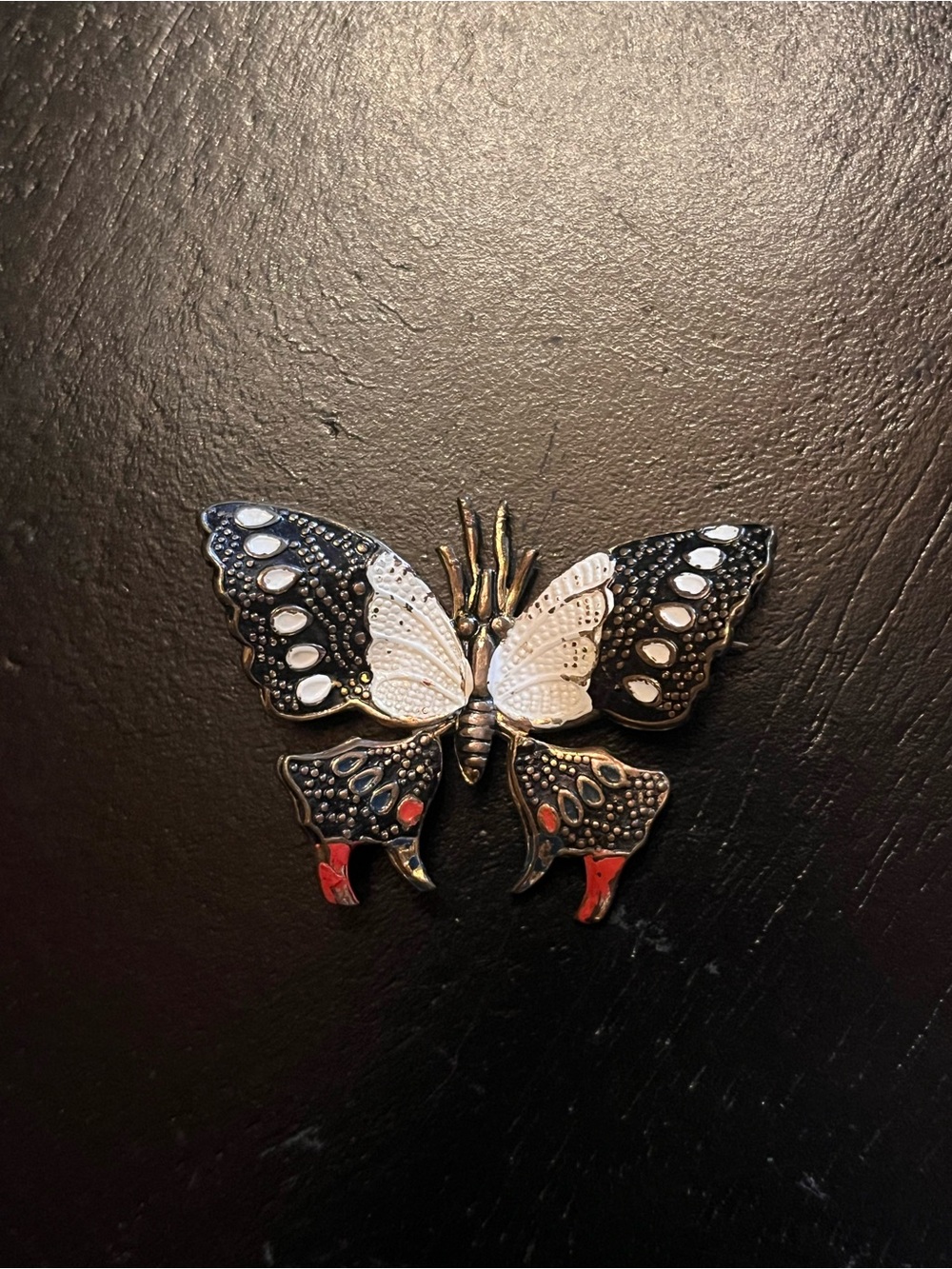Vintage Damascene Butterfly Enamel Brooch in Black, White & Red